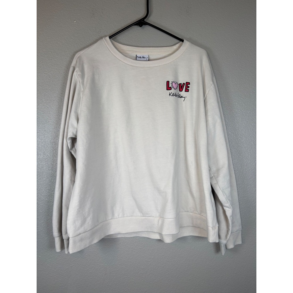 Keith Haring Love Heart Graphic Sweatshirt Cream XXL Womens Pullover Fleece